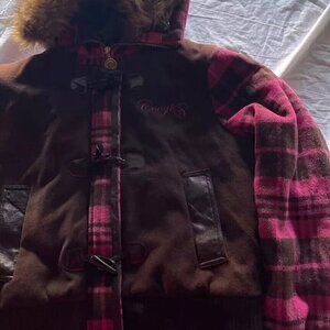Vintage Coogi Women’s XL Plaid Wool Blend Hooded Full Zip Jacket Pink Brown Y2K